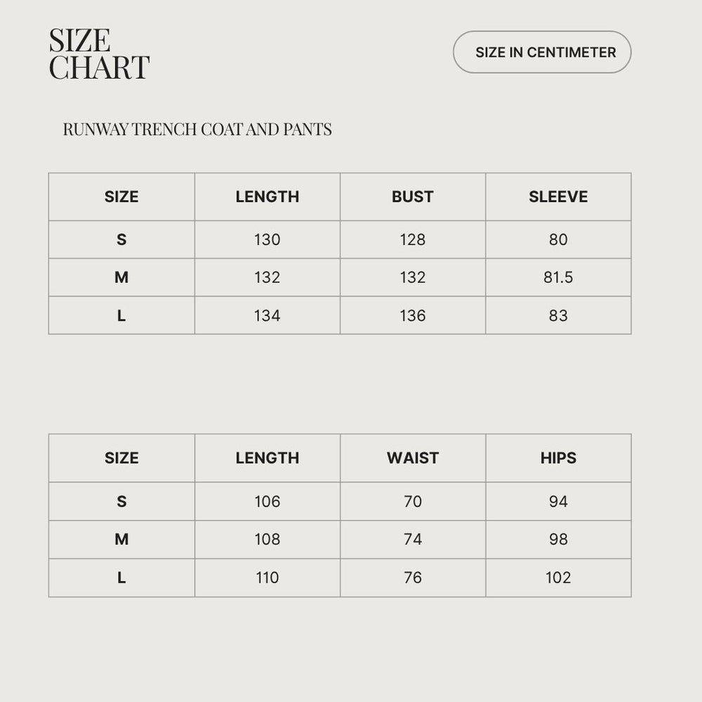Size & Fit RUNWAY TRENCH COAT AND PANTS